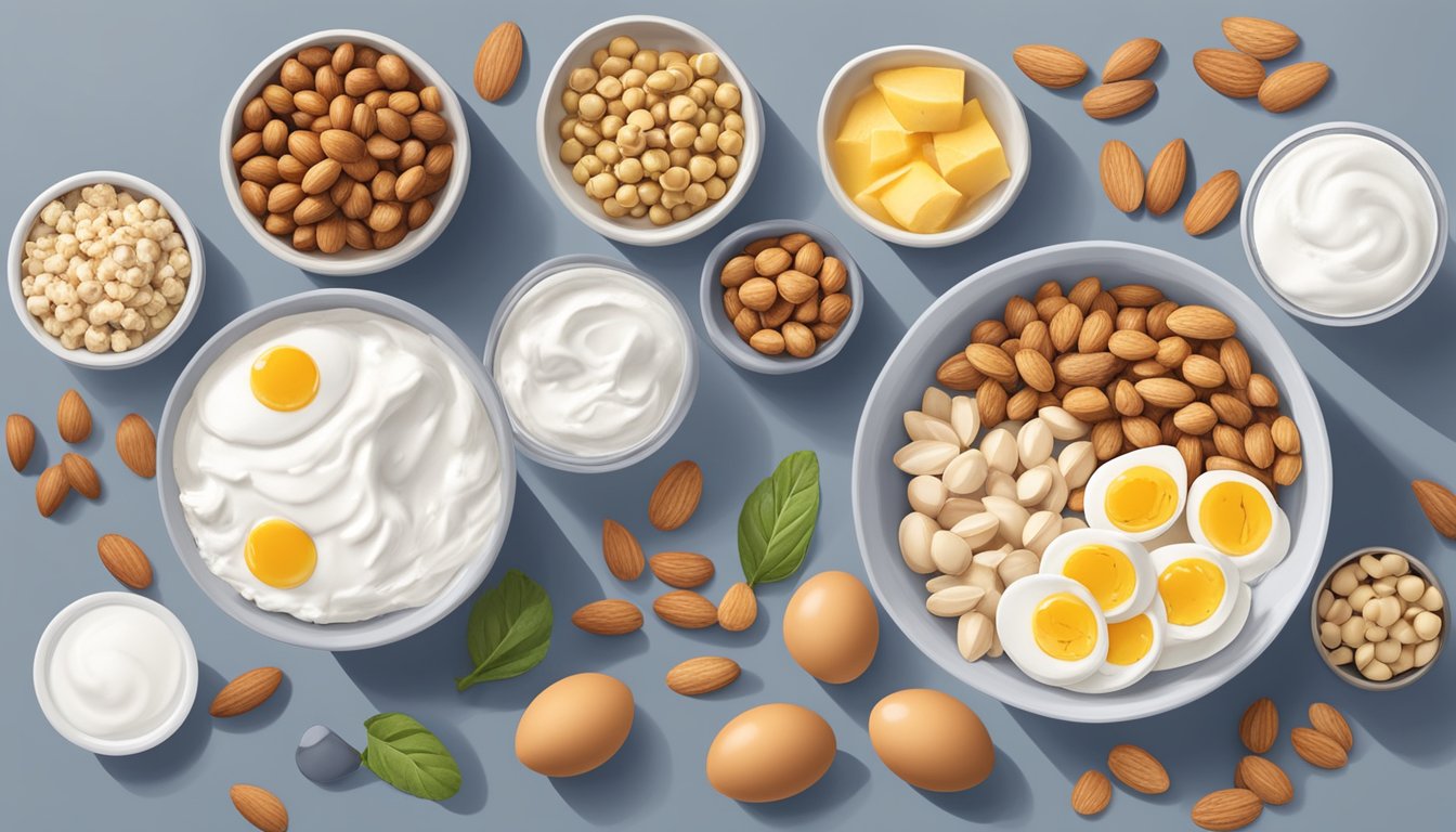 A bowl of Greek yogurt topped with sliced almonds, surrounded by various containers of prepped protein options such as grilled chicken, hard-boiled eggs, and roasted chickpeas