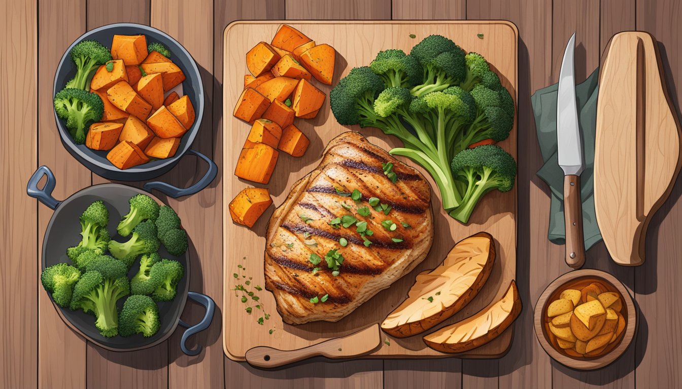 A cutting board with grilled chicken breast, roasted sweet potatoes, and steamed broccoli arranged in a balanced composition