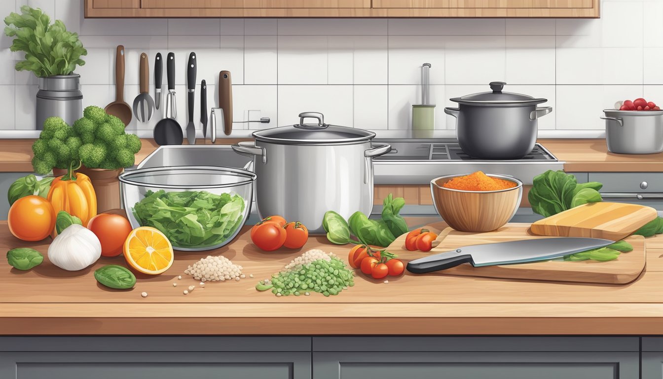 A kitchen counter with cutting board, knife, mixing bowls, measuring cups, and various fresh ingredients for meal prep