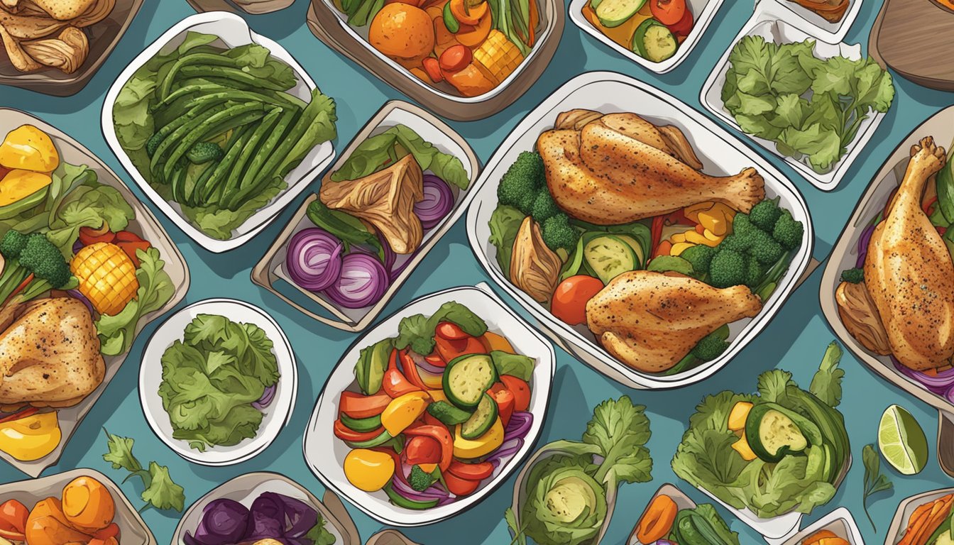 A colorful array of grilled chicken and assorted vegetables arranged in separate bowls, ready for meal prep