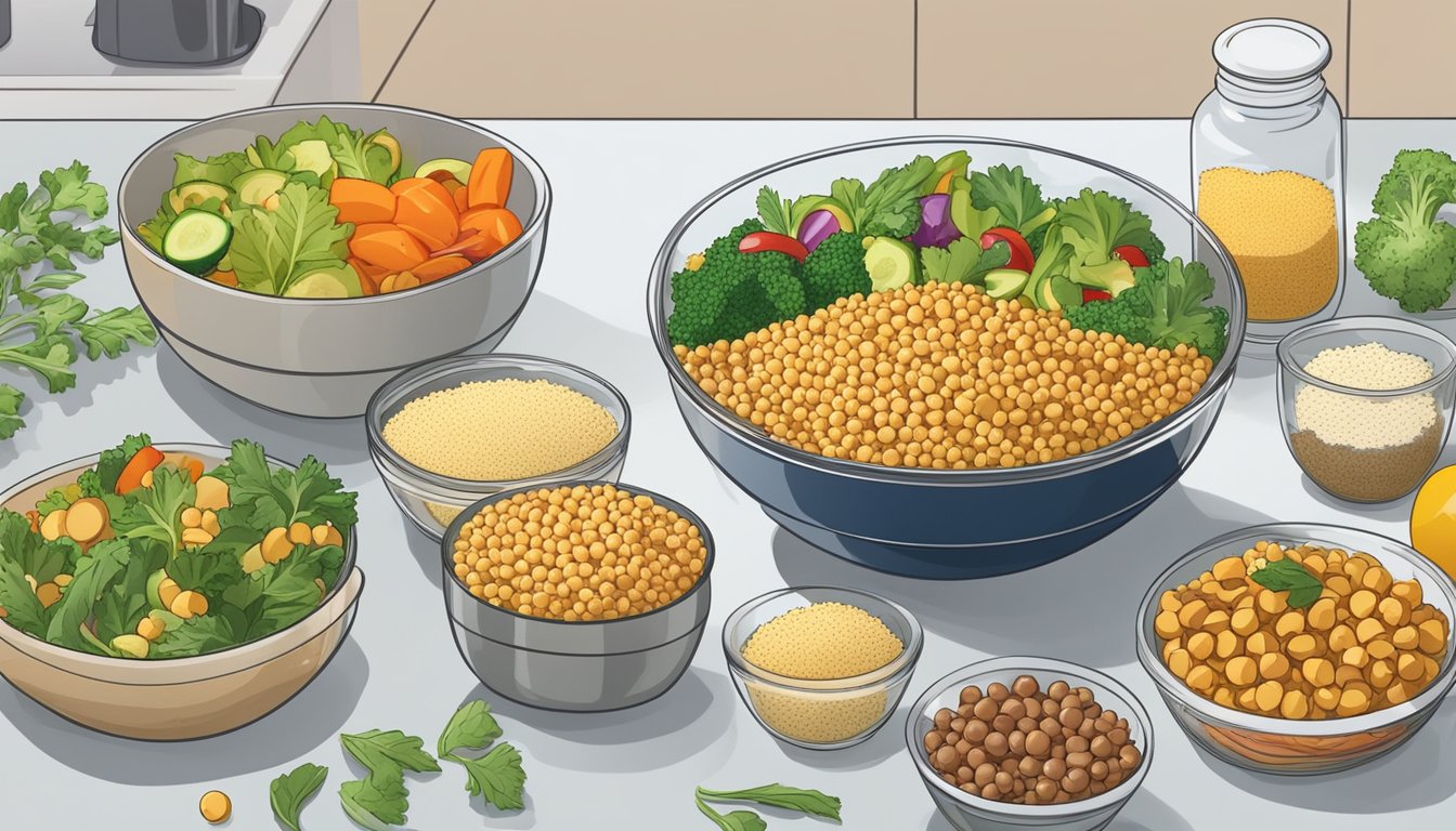 A glass bowl filled with couscous salad, chickpeas, and colorful vegetables, surrounded by containers of prepped meals on a kitchen counter