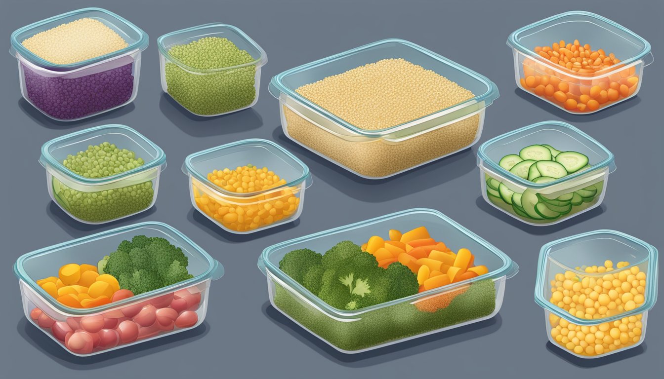 A glass meal prep container filled with chilled quinoa and colorful veggies, neatly arranged in layers