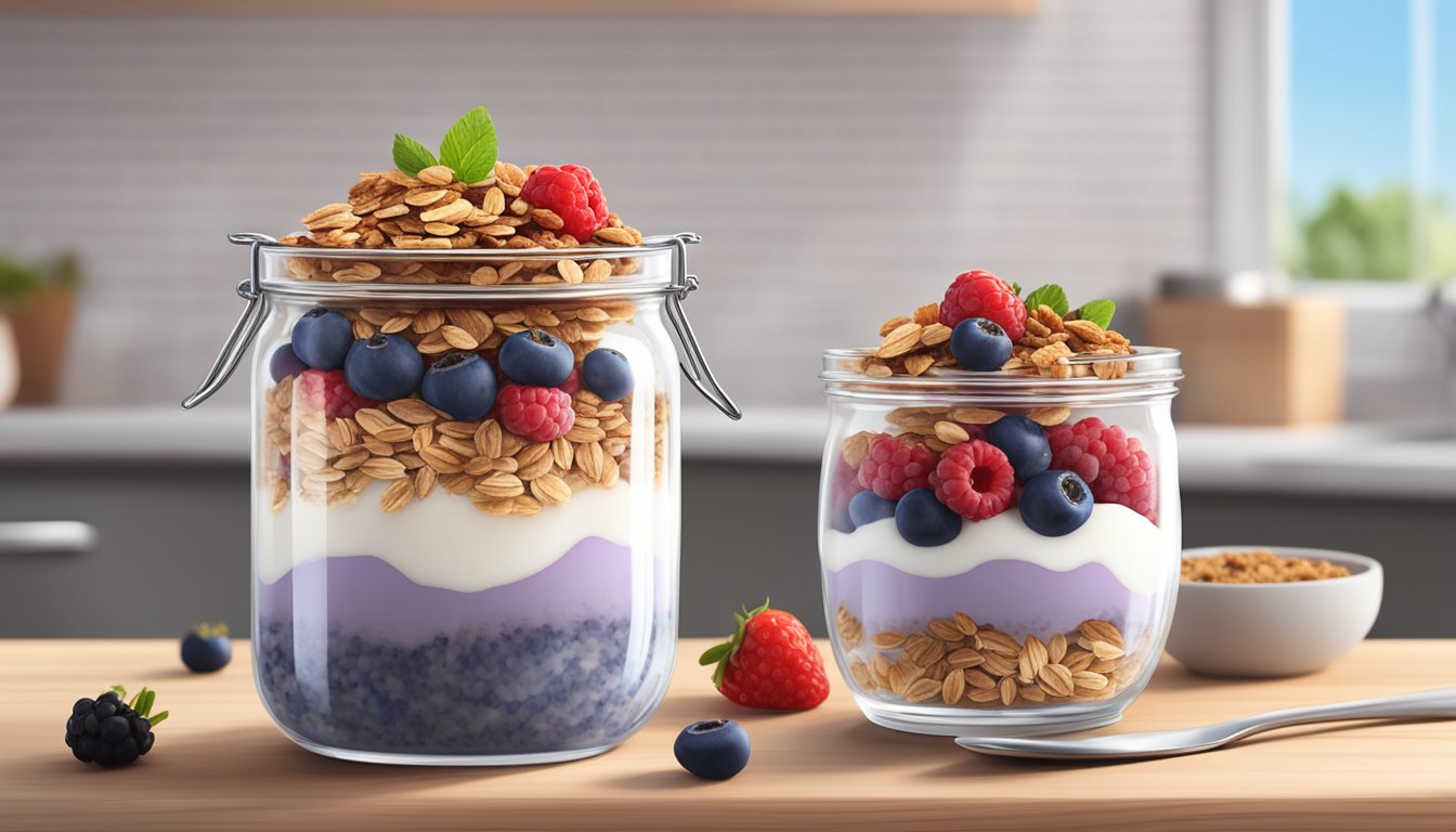 A glass jar filled with layers of oats, yogurt, and berries, topped with granola, set on a kitchen counter