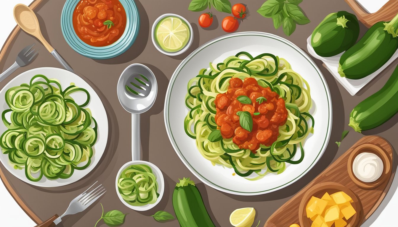 A colorful plate of zucchini noodles topped with rich tomato sauce, surrounded by fresh ingredients and cooking utensils