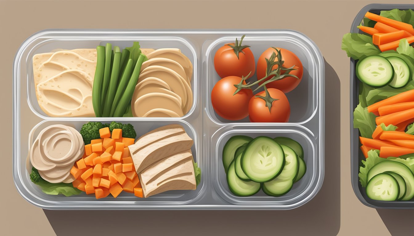 A colorful array of fresh vegetables, sliced turkey, and creamy hummus spread on a whole wheat wrap, neatly arranged in a meal prep container