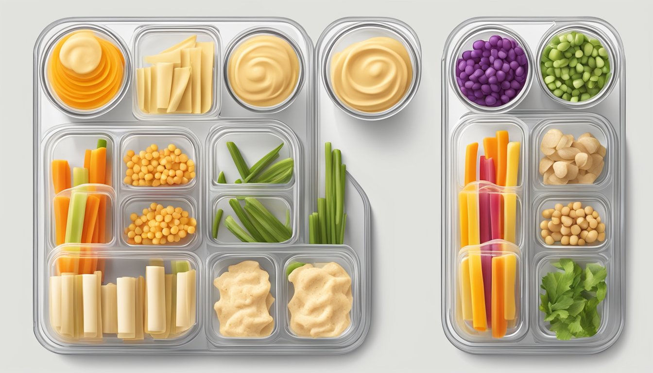 A set of clear plastic containers filled with hummus and neatly arranged colorful veggie sticks, with a small dip section in each cup