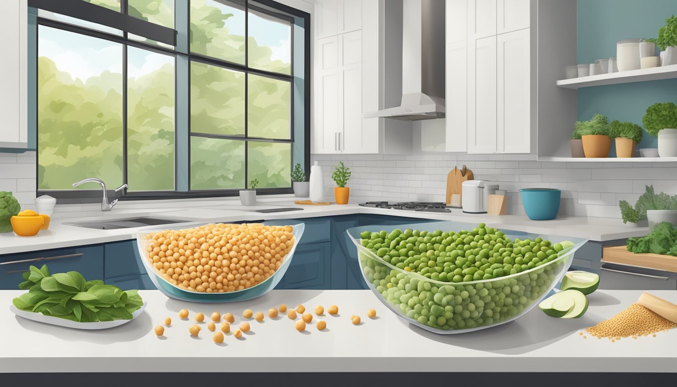 A colorful array of fresh chickpeas, ripe avocados, vibrant greens, and whole grain wraps arranged on a clean, modern kitchen counter