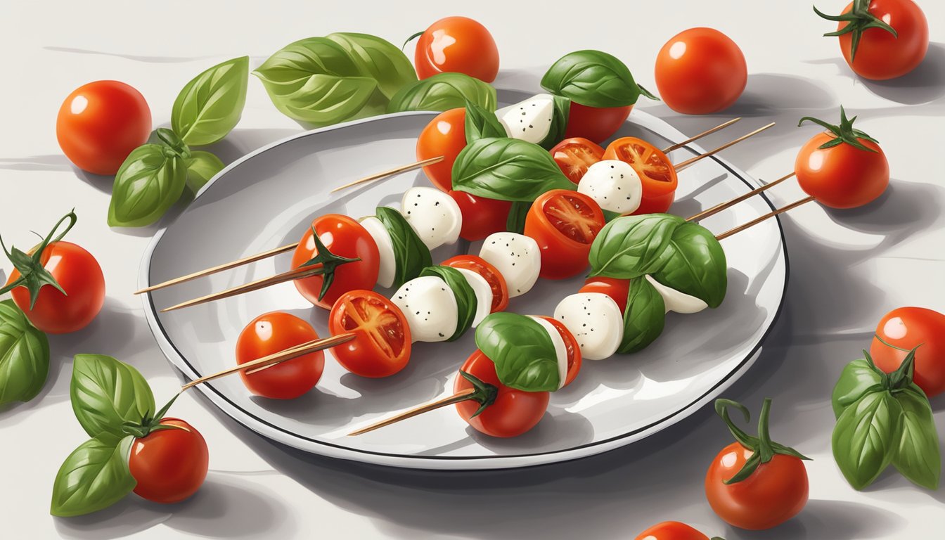 Skewers of cherry tomatoes, mozzarella, and basil arranged on a white plate with balsamic glaze drizzled over the top