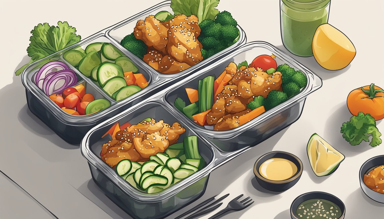 A plate of cold sesame chicken with assorted fresh vegetables and a side of sesame dressing in a meal prep container