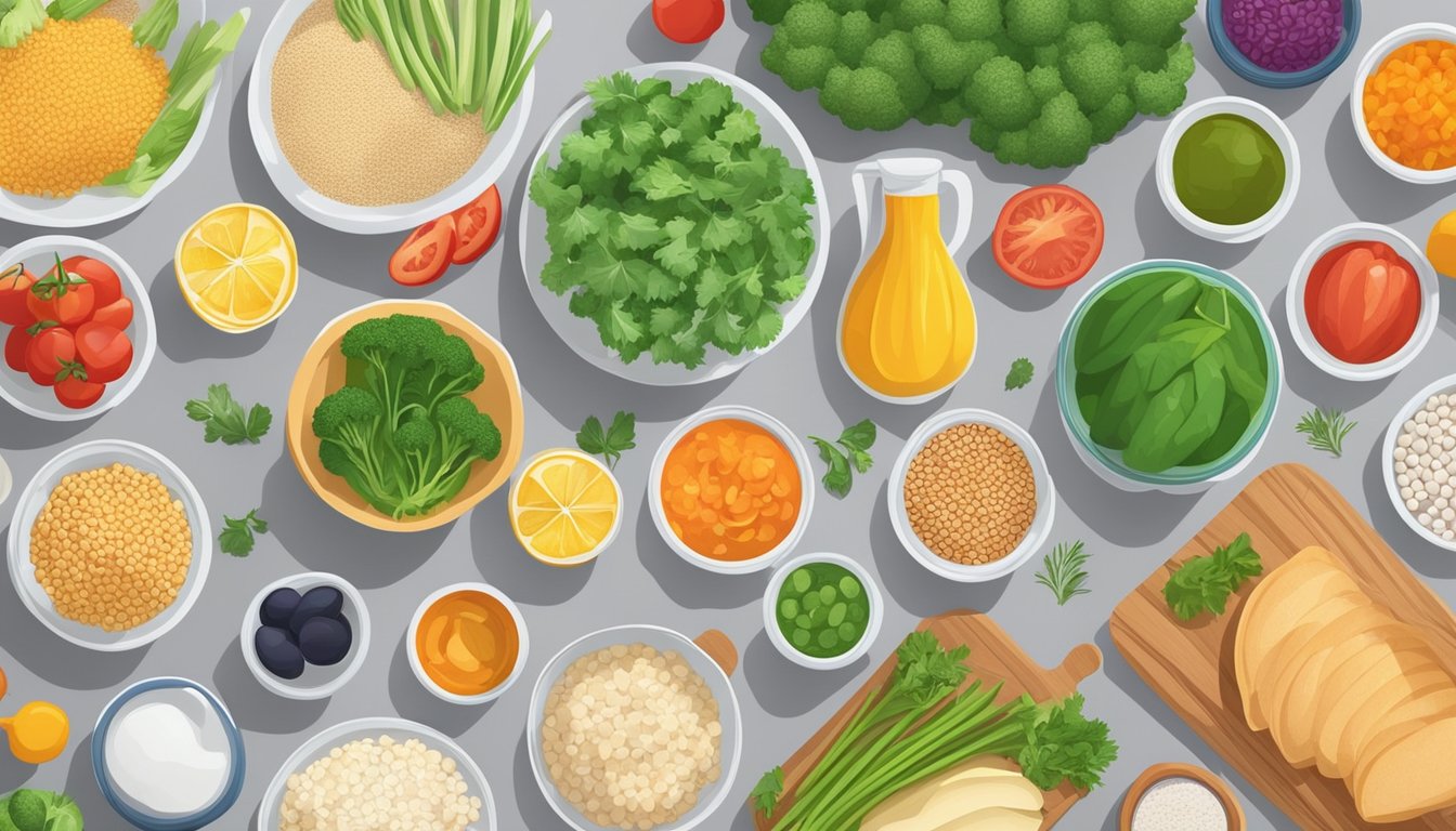 A kitchen counter with a variety of colorful ingredients from different cuisines, including fresh vegetables, lean proteins, and whole grains, neatly organized for meal prep