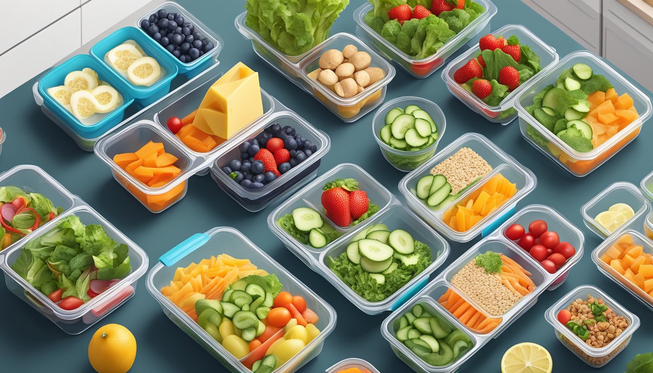 A variety of colorful and neatly organized cold meal prep containers, filled with fresh fruits, vegetables, salads, and protein, arranged on a clean and spacious kitchen counter