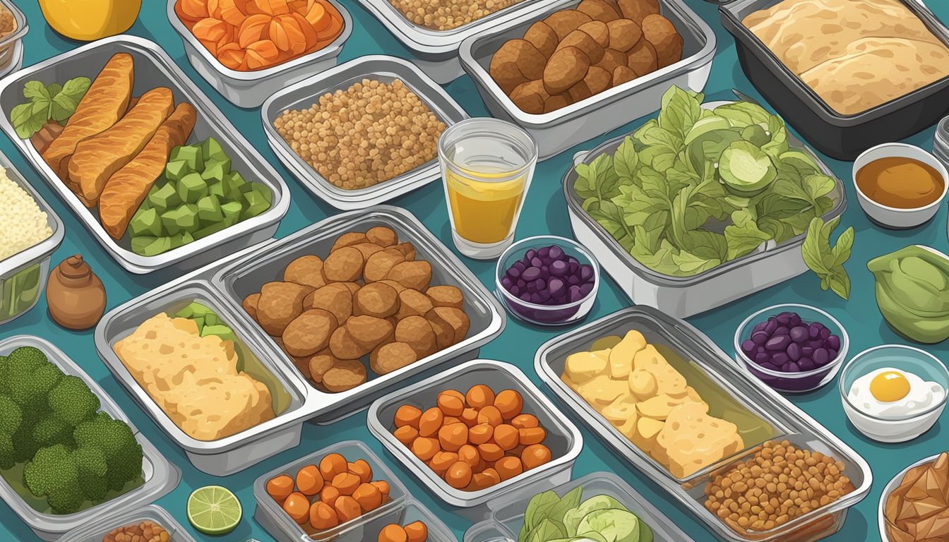 A kitchen counter with neatly organized containers of prepped meals, surrounded by fresh ingredients and cooking utensils