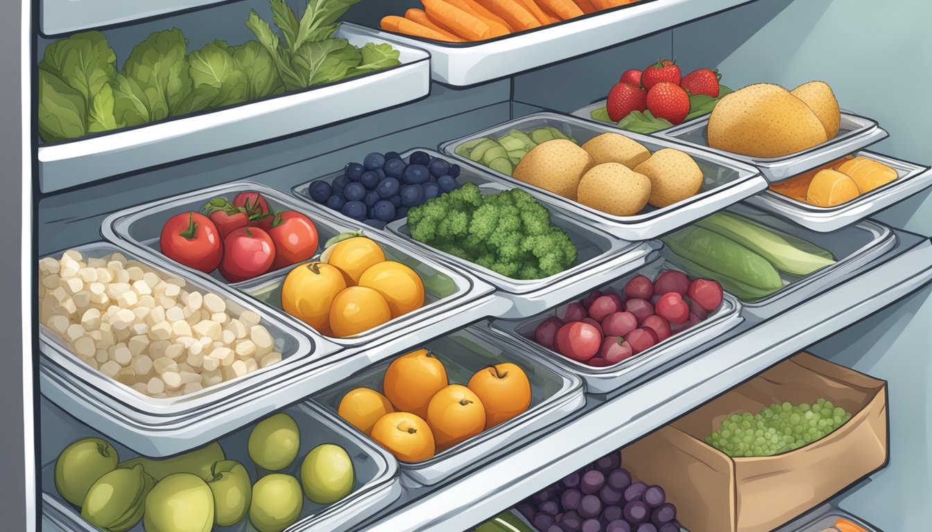 A refrigerator shelf filled with neatly organized containers of prepped cold meals, surrounded by labeled bags of frozen fruits and vegetables