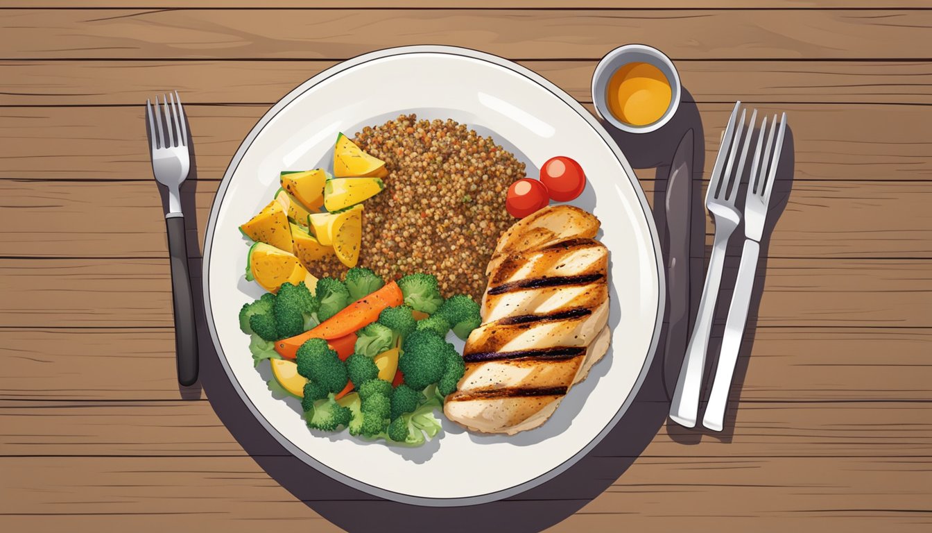 A plate with grilled chicken breast, quinoa, and colorful vegetables arranged in a visually appealing manner