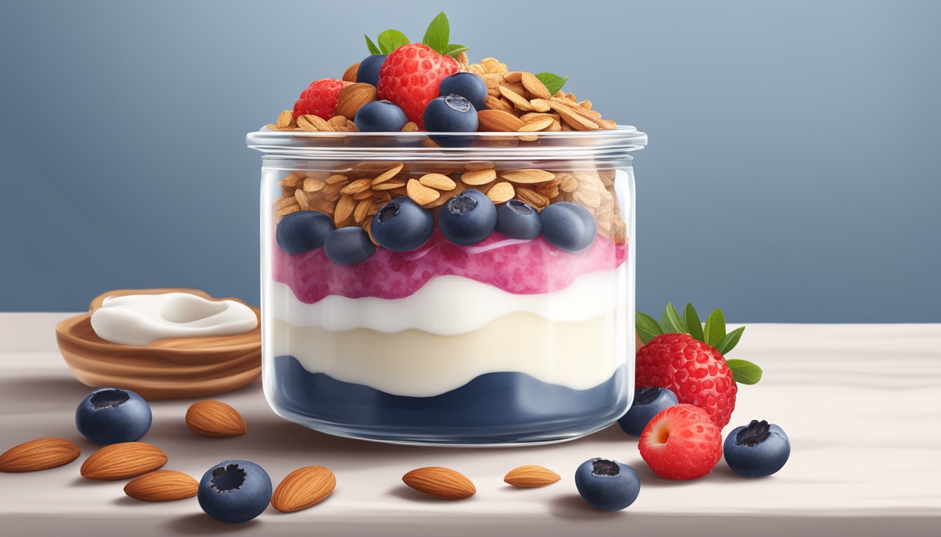 A glass jar filled with layers of Greek yogurt, granola, and sliced almonds, topped with fresh berries