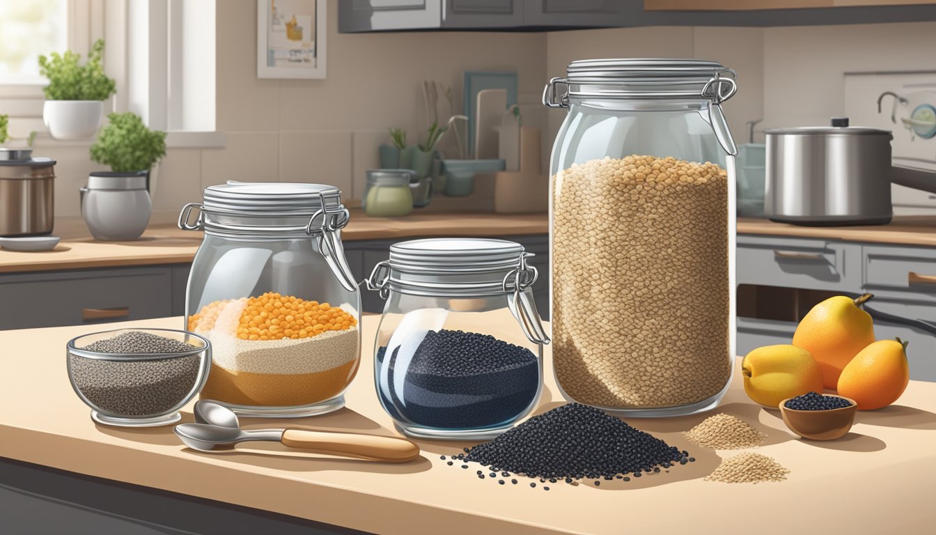 A glass jar filled with layers of oats, chia seeds, and fresh fruit, surrounded by measuring cups and spoons on a kitchen counter