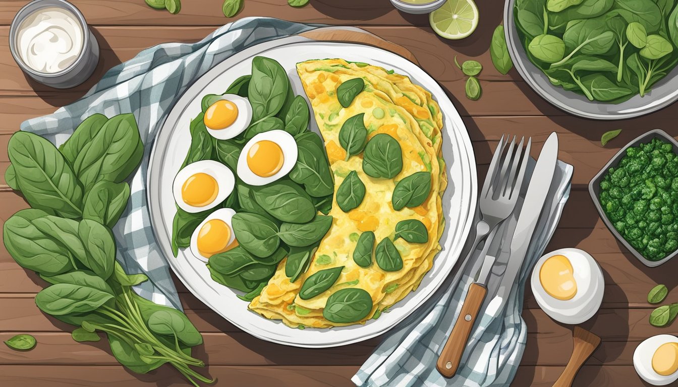 A white plate with a spinach omelette, surrounded by fresh ingredients like eggs, spinach, and other high-protein meal prep items