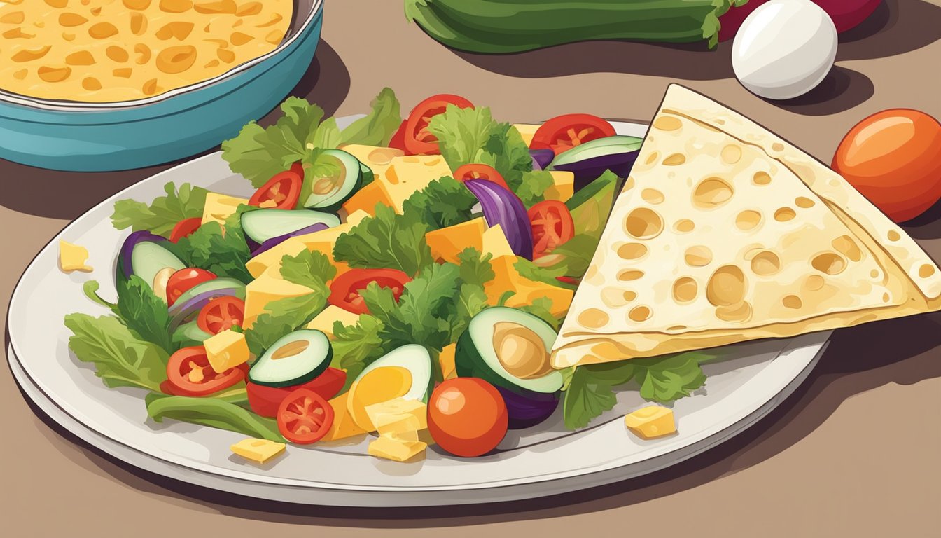 A colorful assortment of chopped vegetables, eggs, and cheese arranged on a kitchen counter next to a tortilla wrap