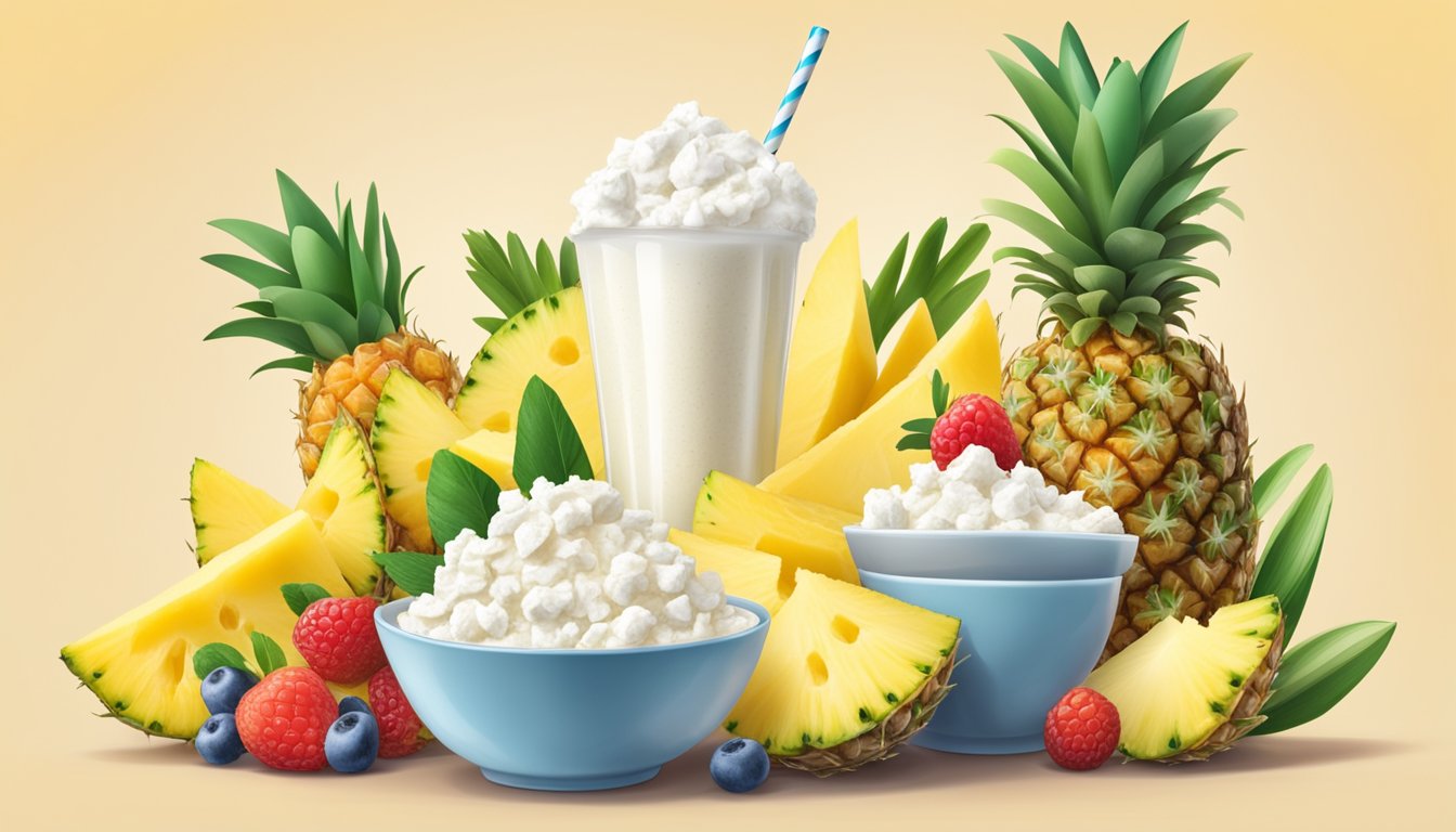 A bowl of cottage cheese topped with pineapple chunks, surrounded by fresh fruits and a protein shake