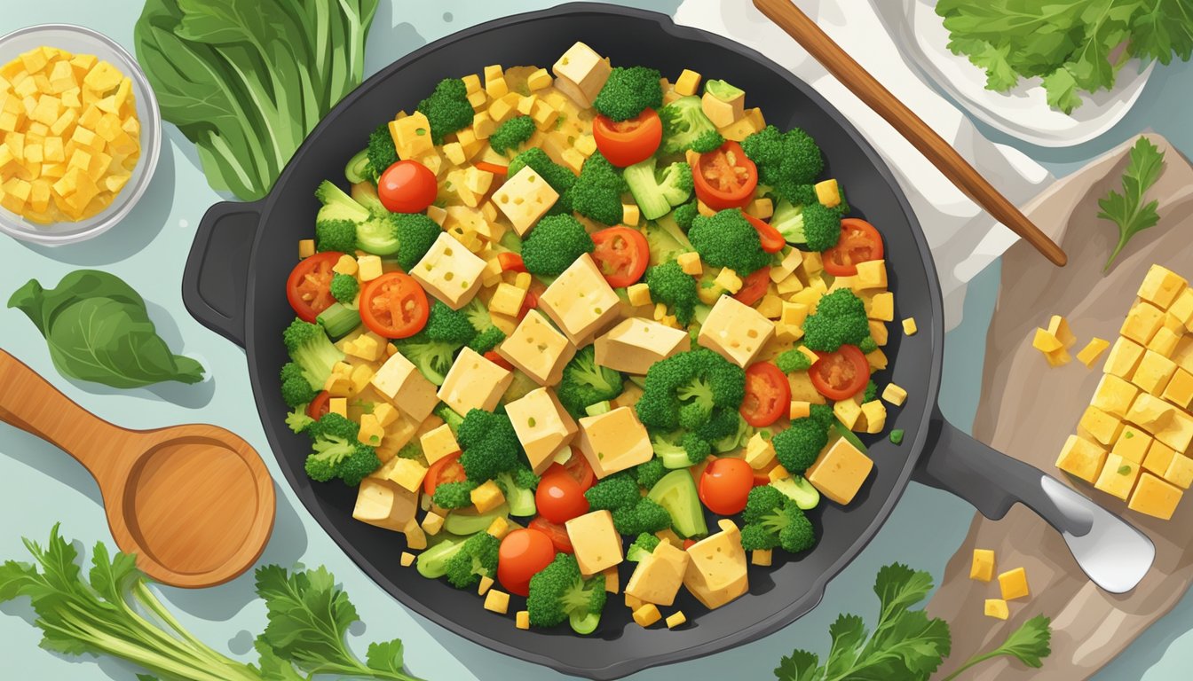 A colorful array of chopped vegetables sizzling in a pan with cubes of tofu, creating a high-protein tofu scramble for a healthy lunch meal prep