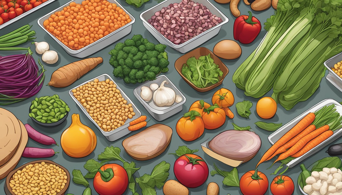 A colorful array of fresh vegetables, lean meats, and legumes arranged on a clean, organized kitchen counter