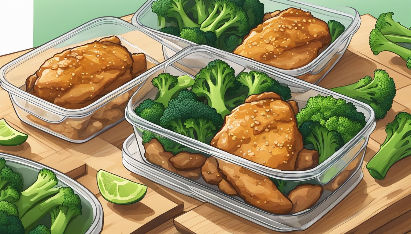 A sizzling teriyaki chicken breast surrounded by vibrant green broccoli florets, neatly arranged in a meal prep container