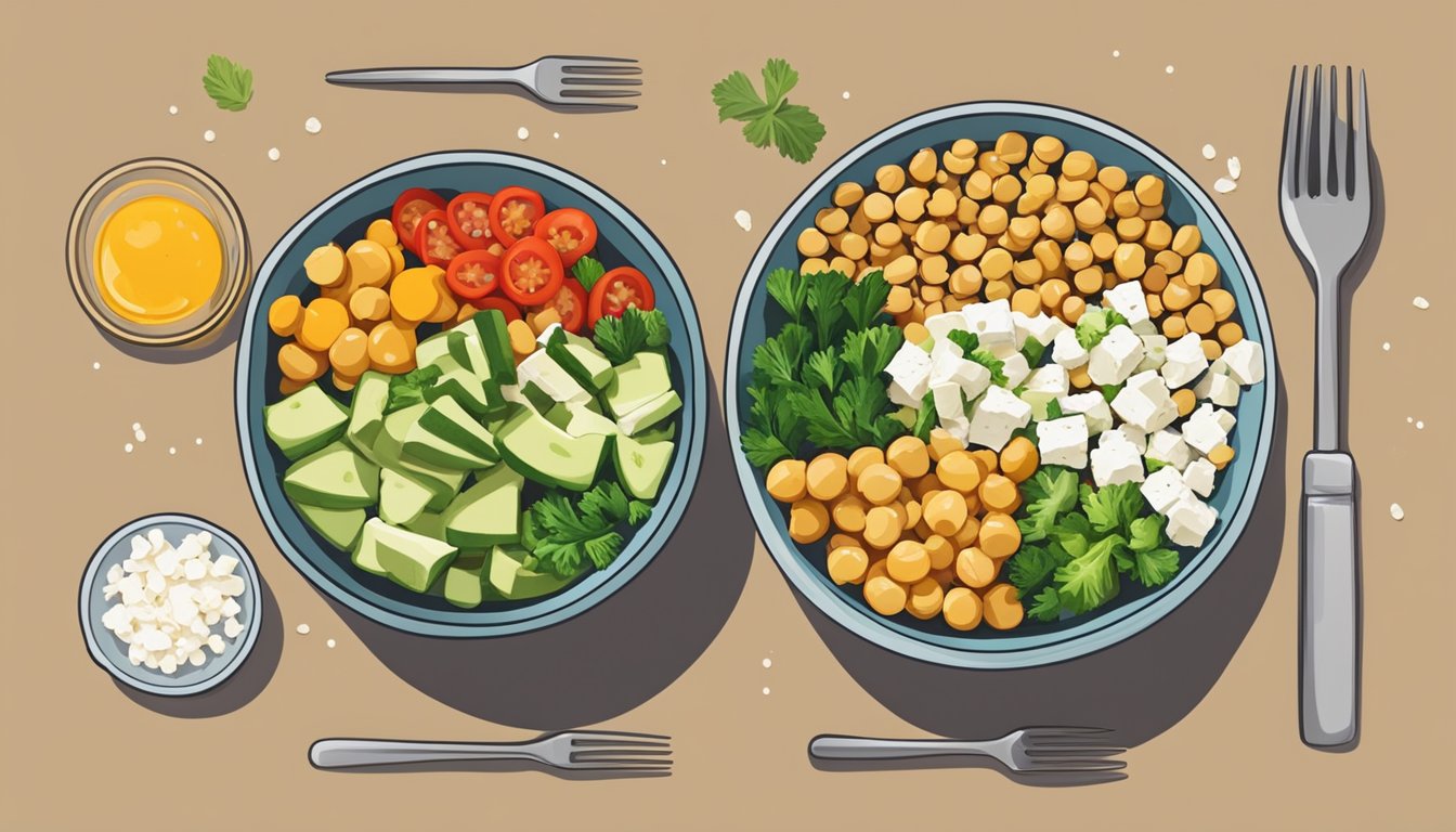 A colorful bowl filled with chickpeas, feta cheese, fresh vegetables, and a light vinaigrette, surrounded by meal prep containers