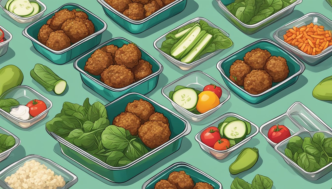 A colorful meal prep scene with turkey and spinach meatballs, accompanied by fresh vegetables and portioned out into containers for weight loss