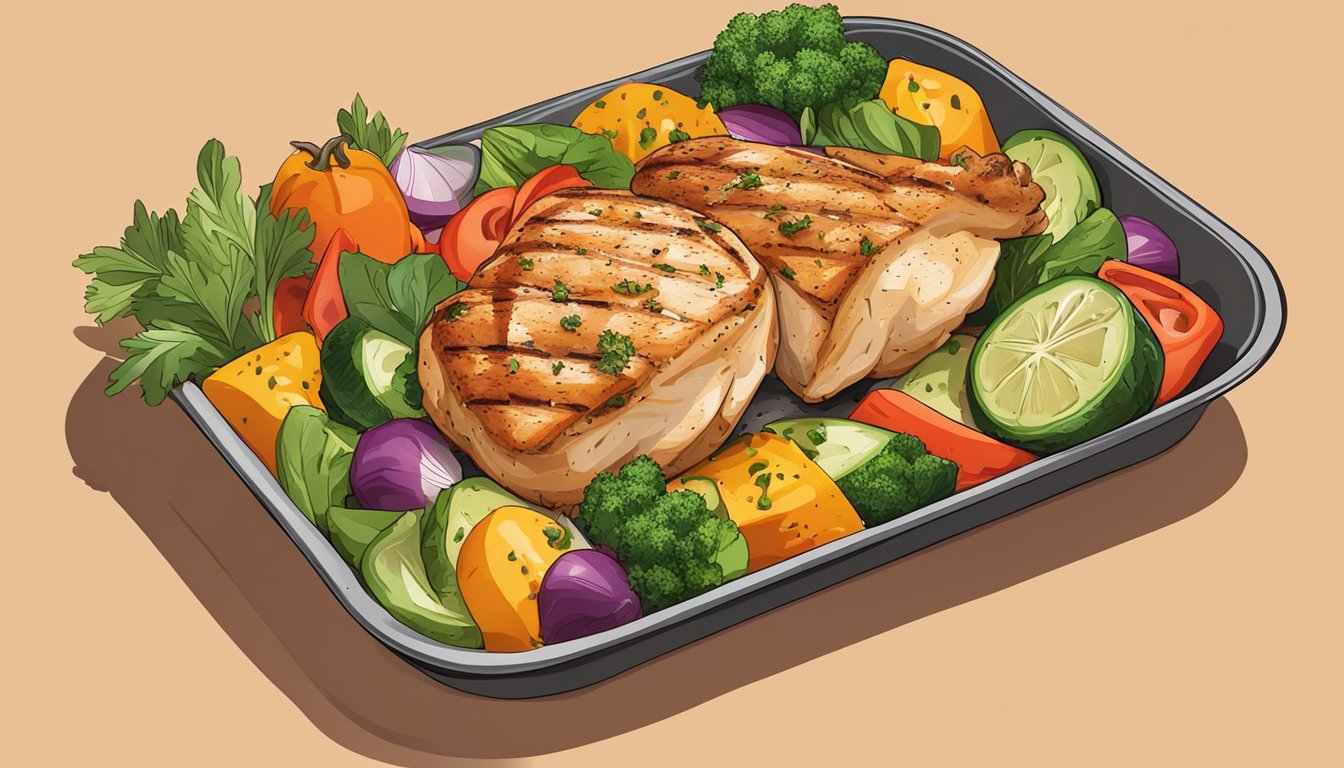 A platter of grilled chicken breasts surrounded by colorful vegetables and herbs, representing a healthy and balanced meal prep option