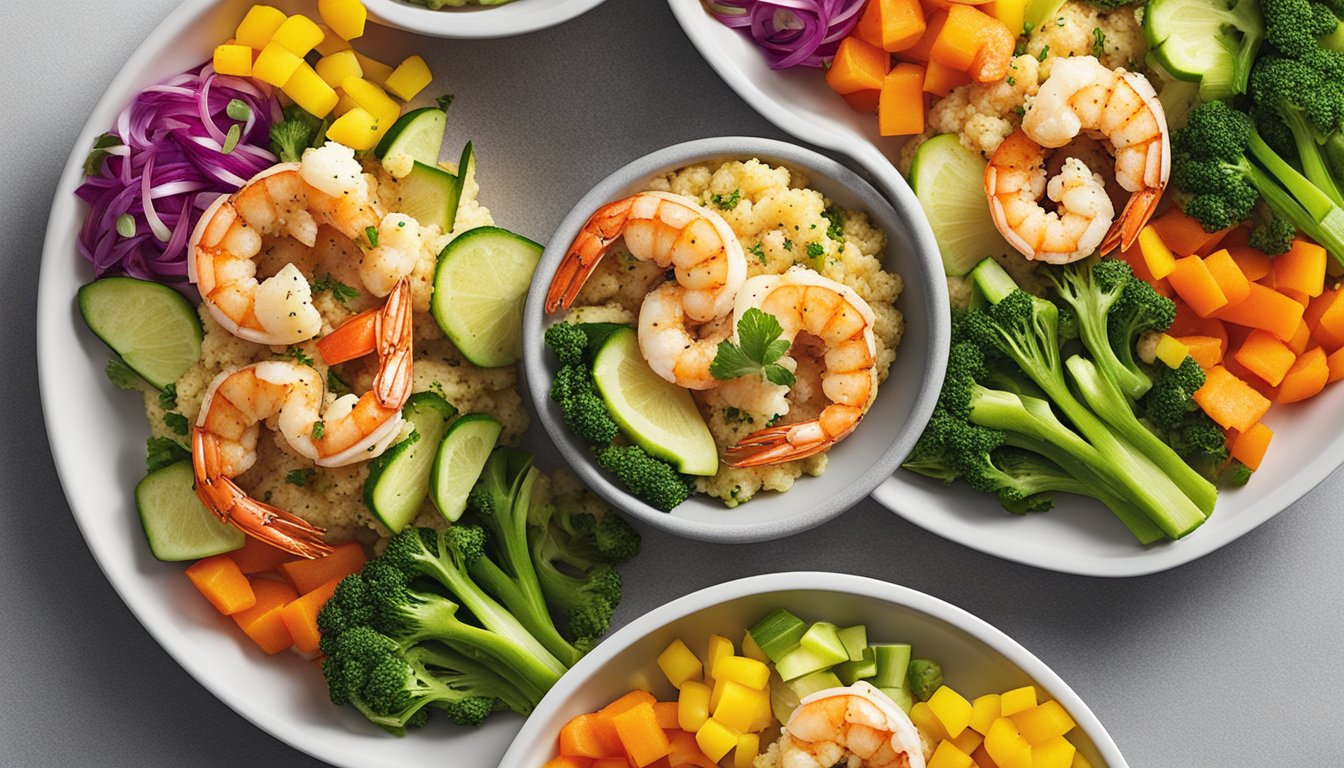 A plate of cauliflower rice topped with grilled shrimp, surrounded by colorful vegetables and portioned into individual meal prep containers