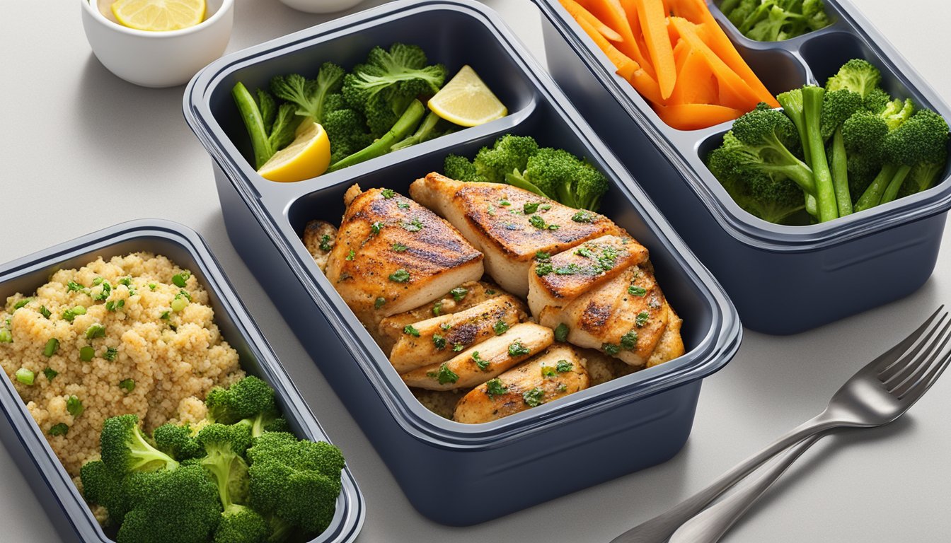 A plate of grilled lemon herb chicken with steamed vegetables and a side of quinoa, arranged neatly in a meal prep container