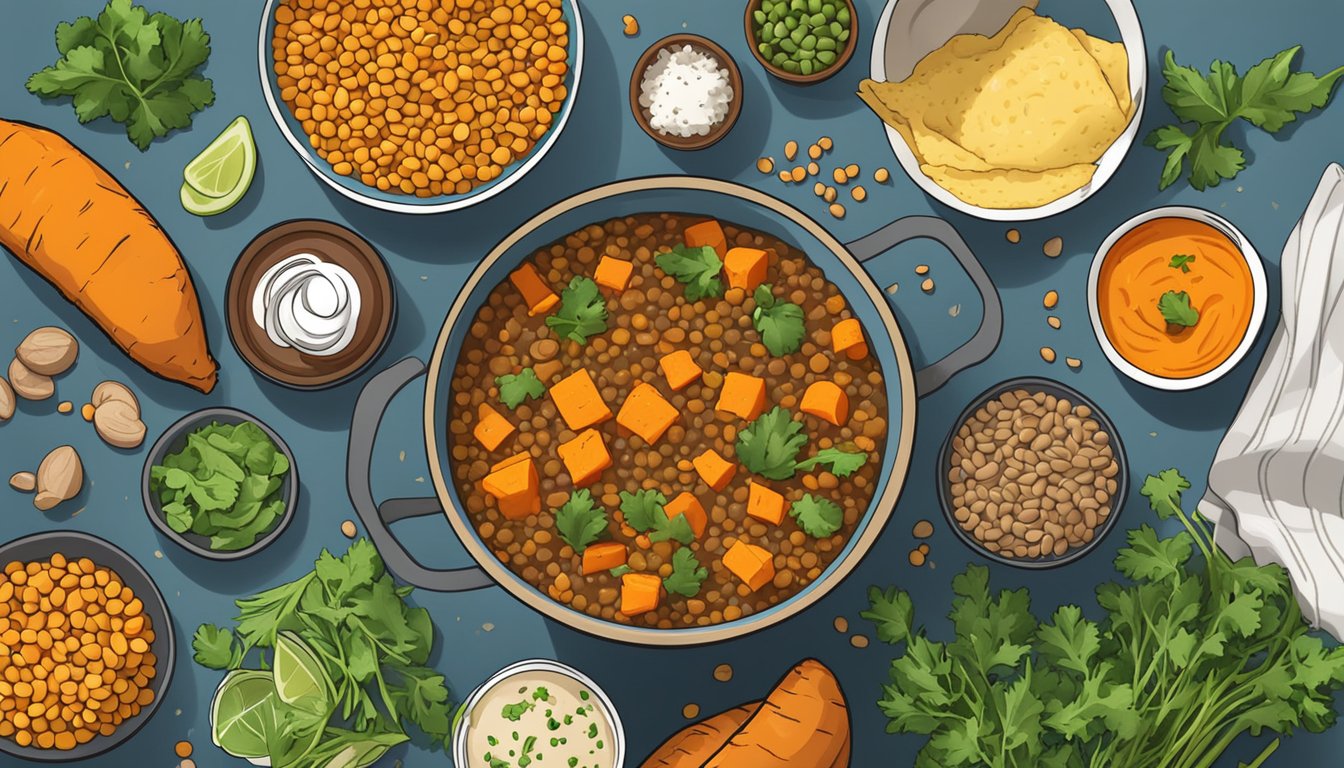 A colorful bowl of lentil and sweet potato stew surrounded by fresh ingredients and meal prep containers