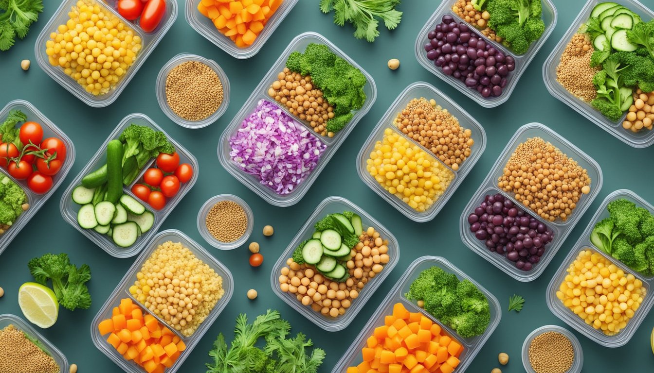 A colorful quinoa salad with chickpeas, surrounded by fresh vegetables and herbs, neatly arranged in meal prep containers