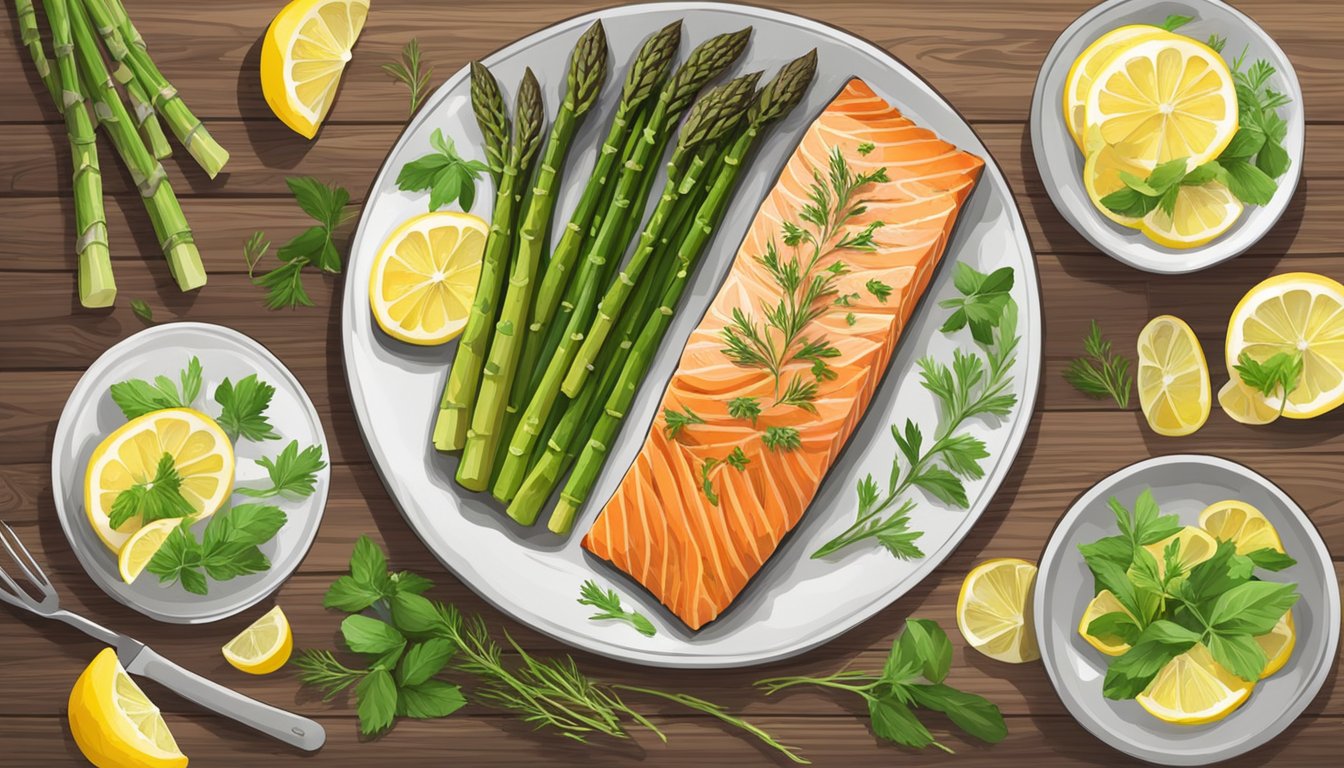 A plate of baked salmon and asparagus surrounded by fresh herbs and lemon slices on a wooden cutting board