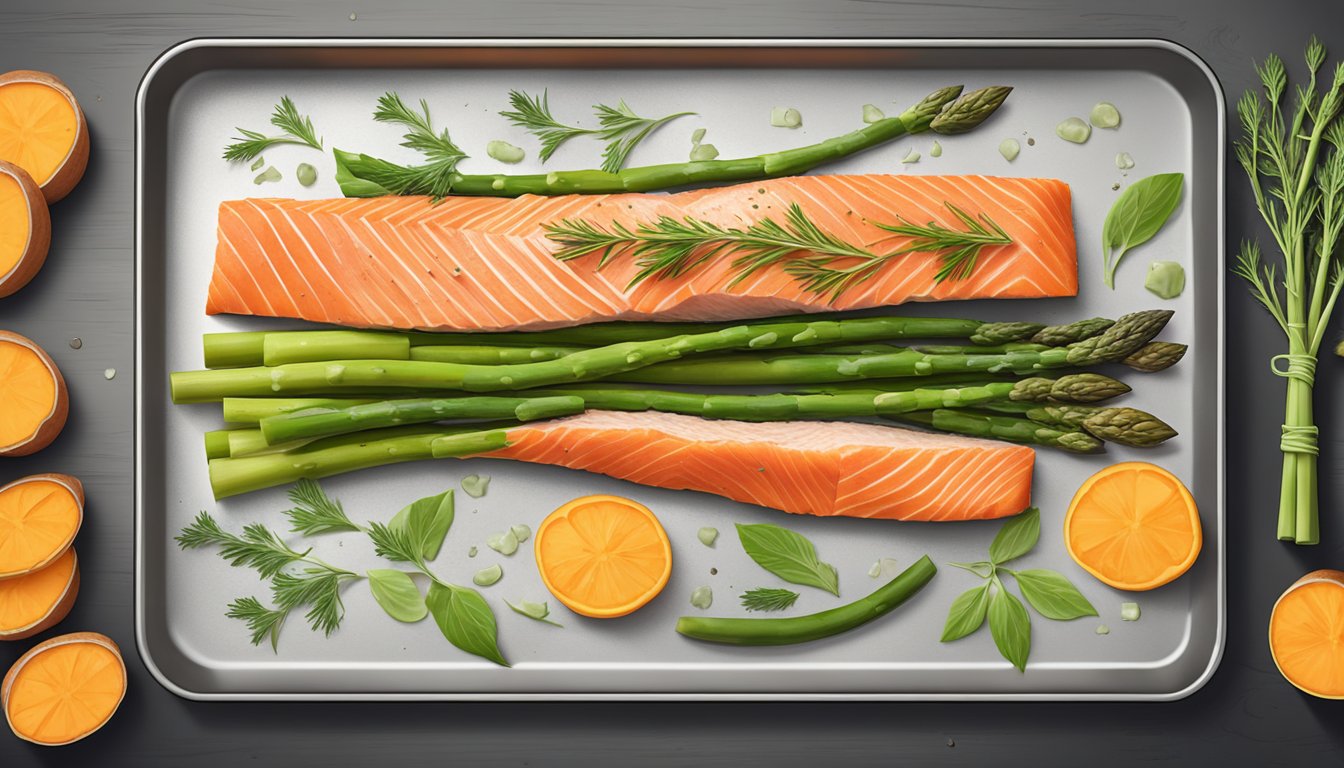 A salmon fillet seasoned with herbs, placed on a baking sheet with asparagus and sweet potatoes, ready to be baked in the oven