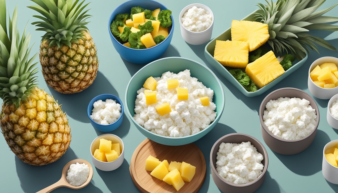 A bowl of cottage cheese topped with pineapple chunks, surrounded by containers of prepped meals and a set of weights