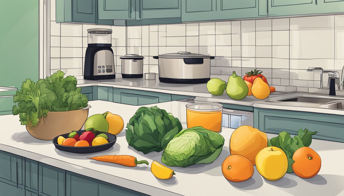 A kitchen counter with assorted fresh fruits, vegetables, and lean proteins laid out for meal prep. A measuring scale and containers are nearby