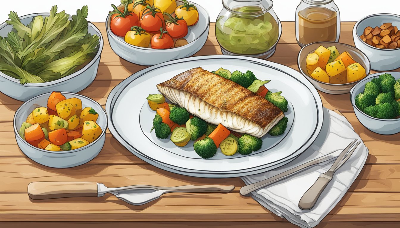 A plate of baked cod surrounded by colorful roasted vegetables on a wooden cutting board