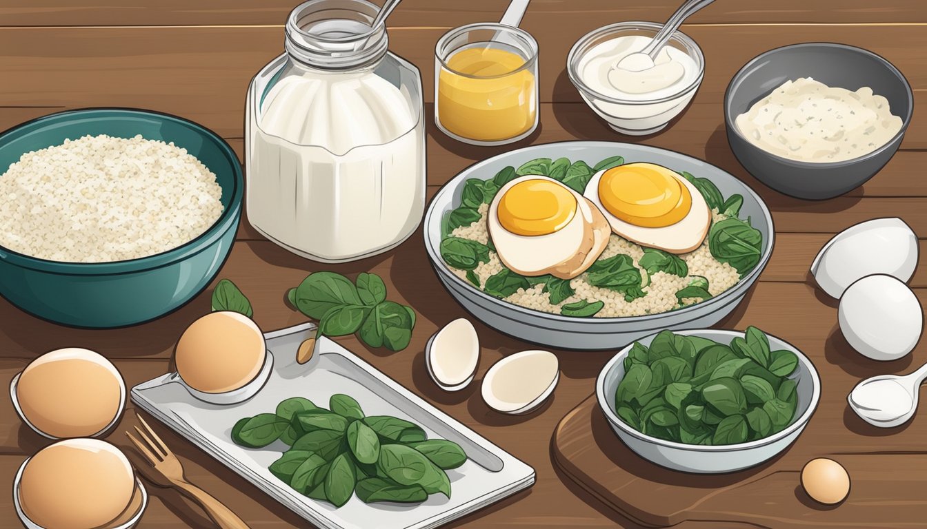 A kitchen counter with assorted high-protein ingredients: chicken breast, quinoa, eggs, spinach, and Greek yogurt. Bowls, cutting board, and utensils ready for meal prep