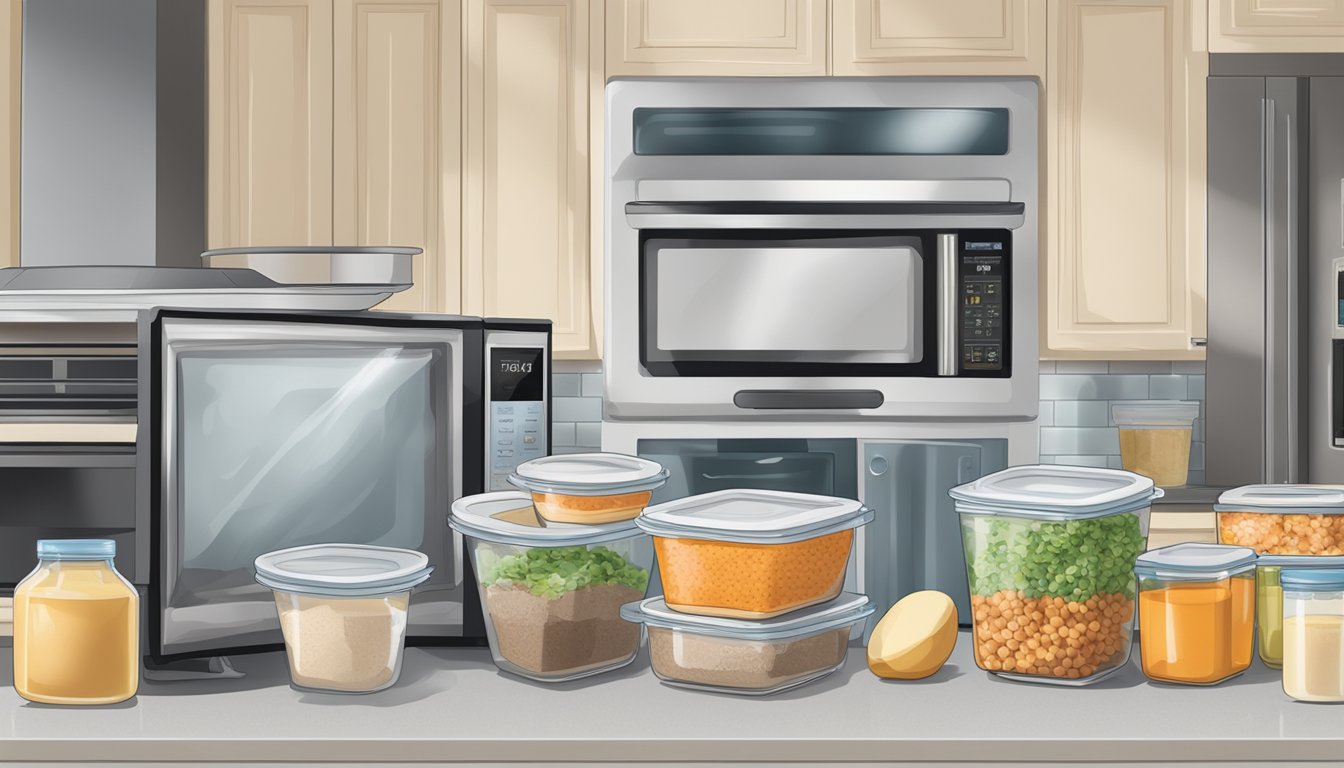 A kitchen counter with labeled containers of prepped high-protein meals and a microwave for reheating