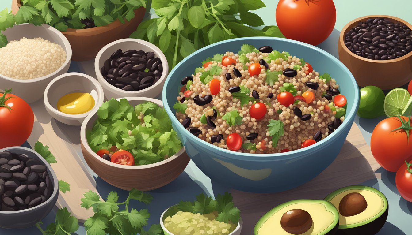 A colorful bowl of quinoa and black bean salad surrounded by fresh ingredients like tomatoes, avocados, and cilantro