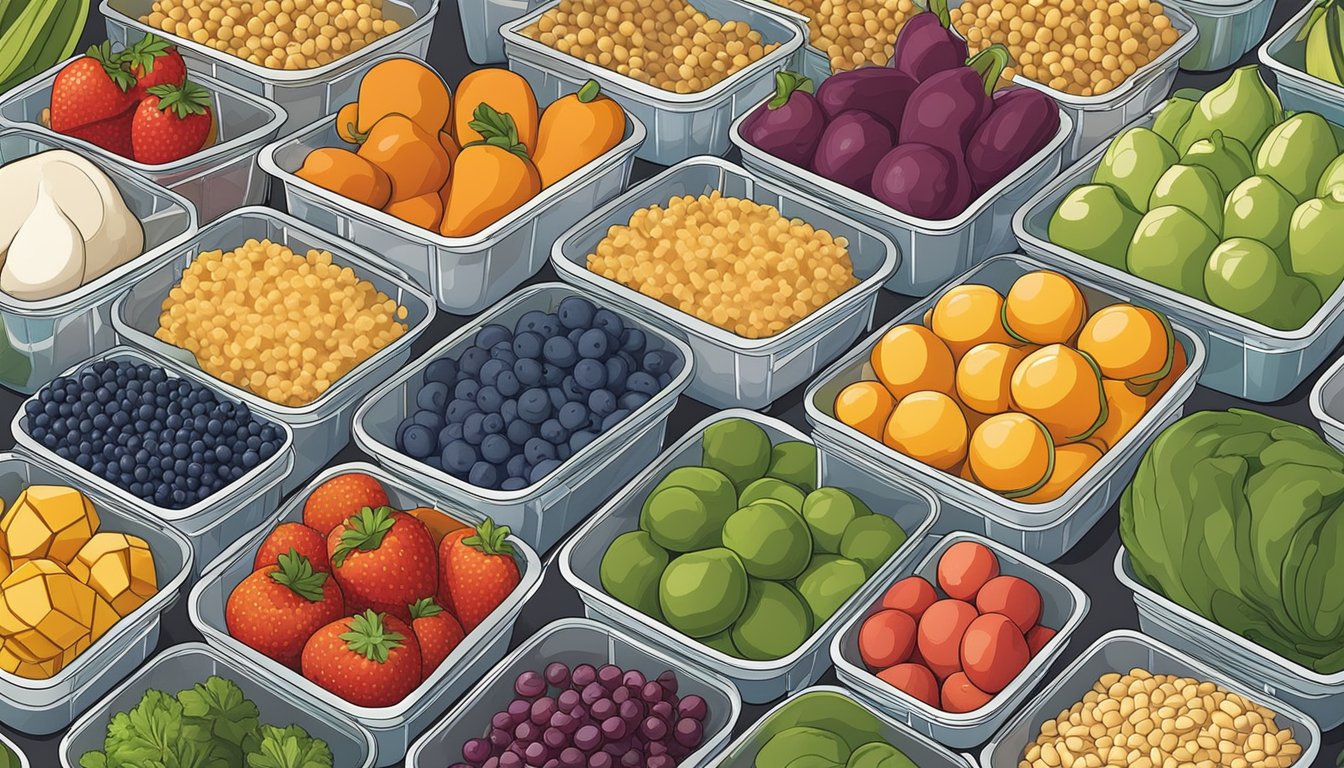 A colorful array of fresh fruits, vegetables, grains, and lean proteins arranged neatly in portioned containers, ready to be prepped into nutritious meals