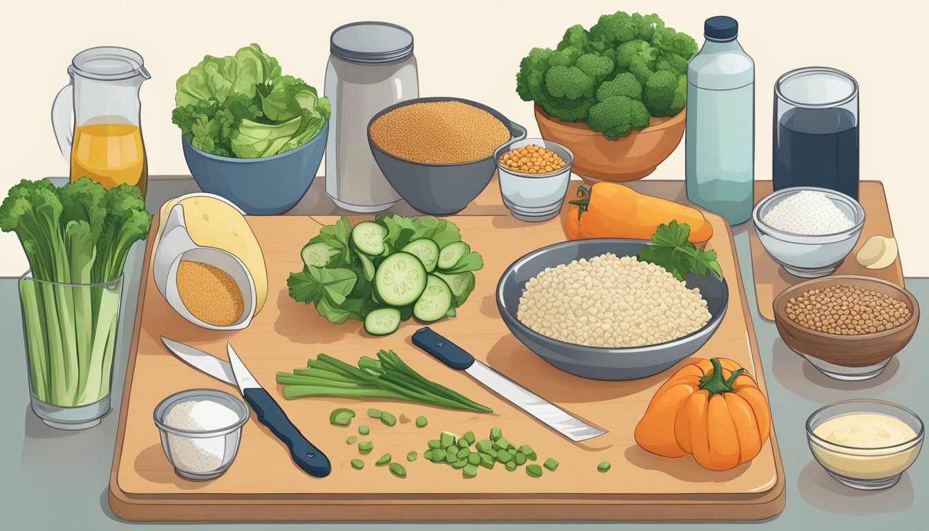 A kitchen counter with cutting board, knife, measuring cups, and containers of prepped ingredients like vegetables, grains, and protein