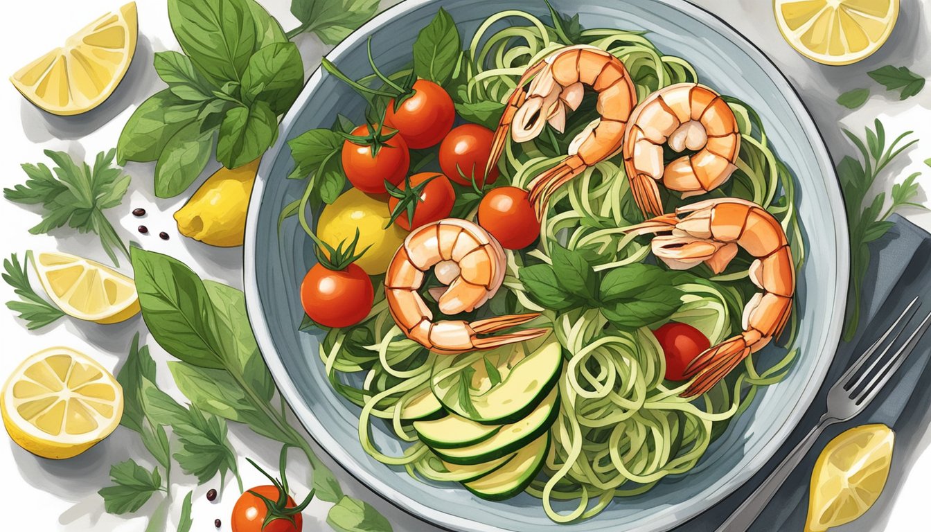 A colorful bowl filled with grilled shrimp, spiralized zucchini noodles, cherry tomatoes, and avocado slices, surrounded by fresh herbs and lemon wedges