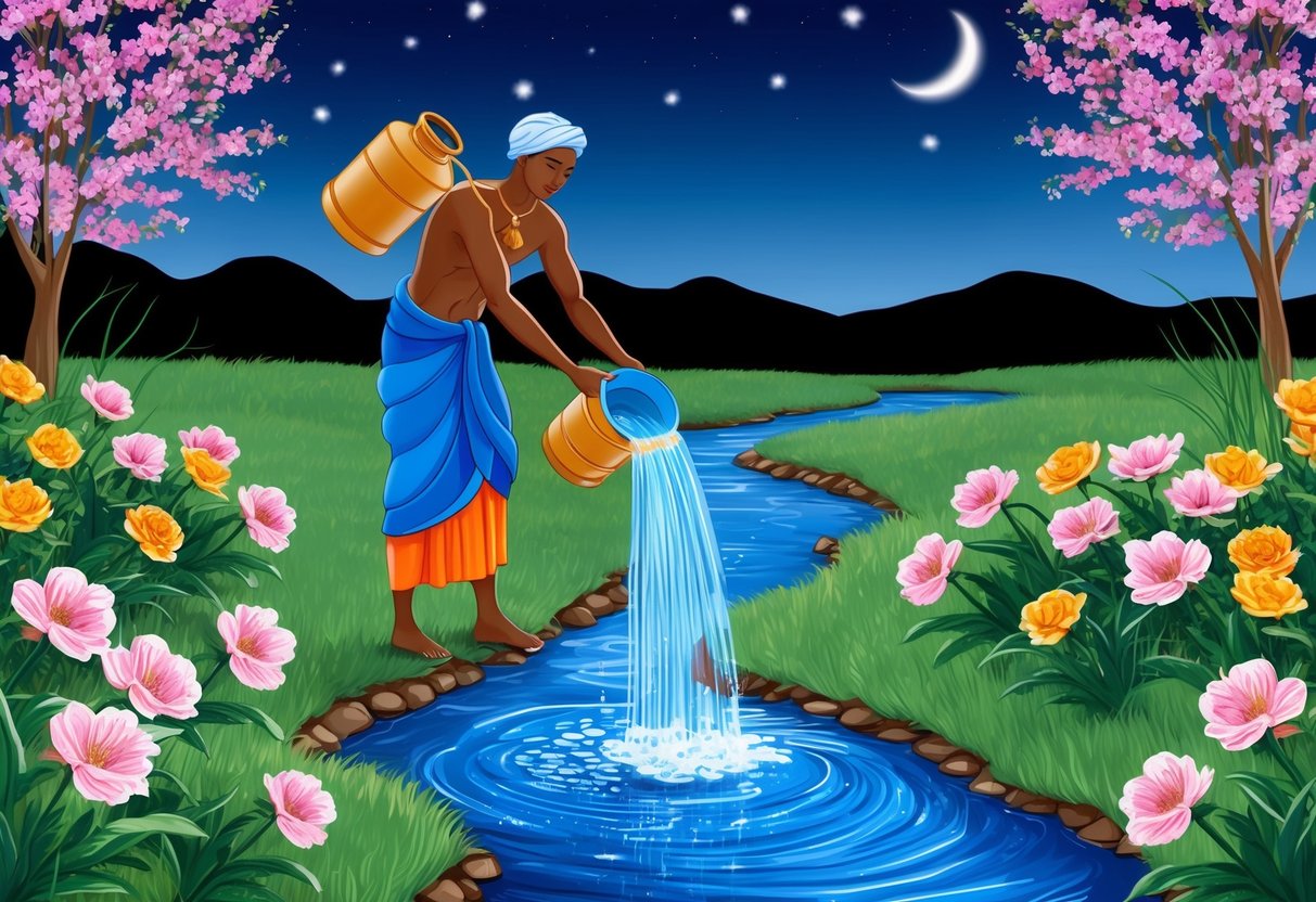 A water bearer pours water into a stream, surrounded by blooming flowers and a clear night sky