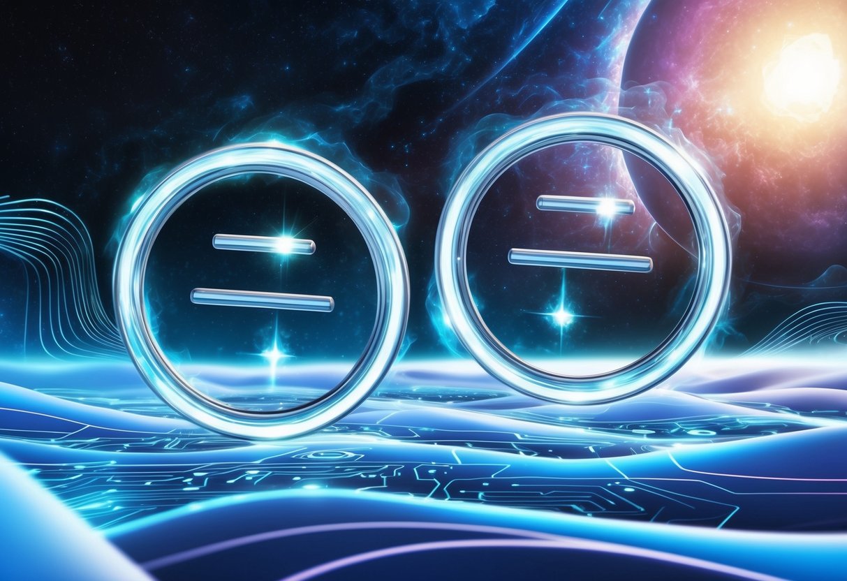 Two Aquarius symbols floating in a cosmic background, surrounded by waves of energy and futuristic technology