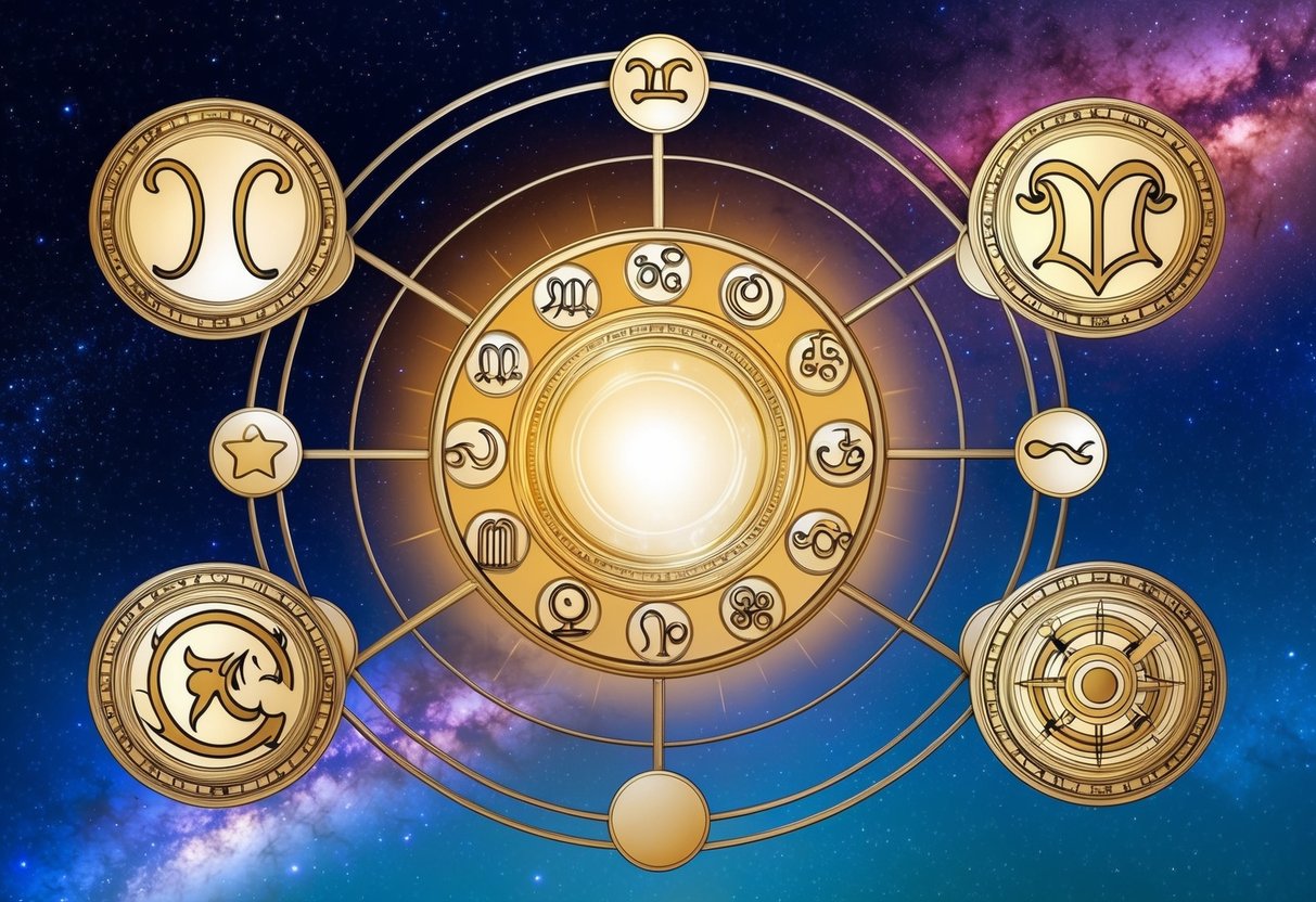 A group of zodiac symbols, including Aquarius, orbiting harmoniously in a celestial setting