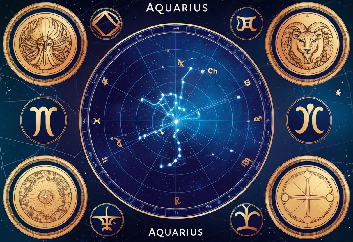 A celestial map with Aquarius constellation surrounded by other zodiac signs