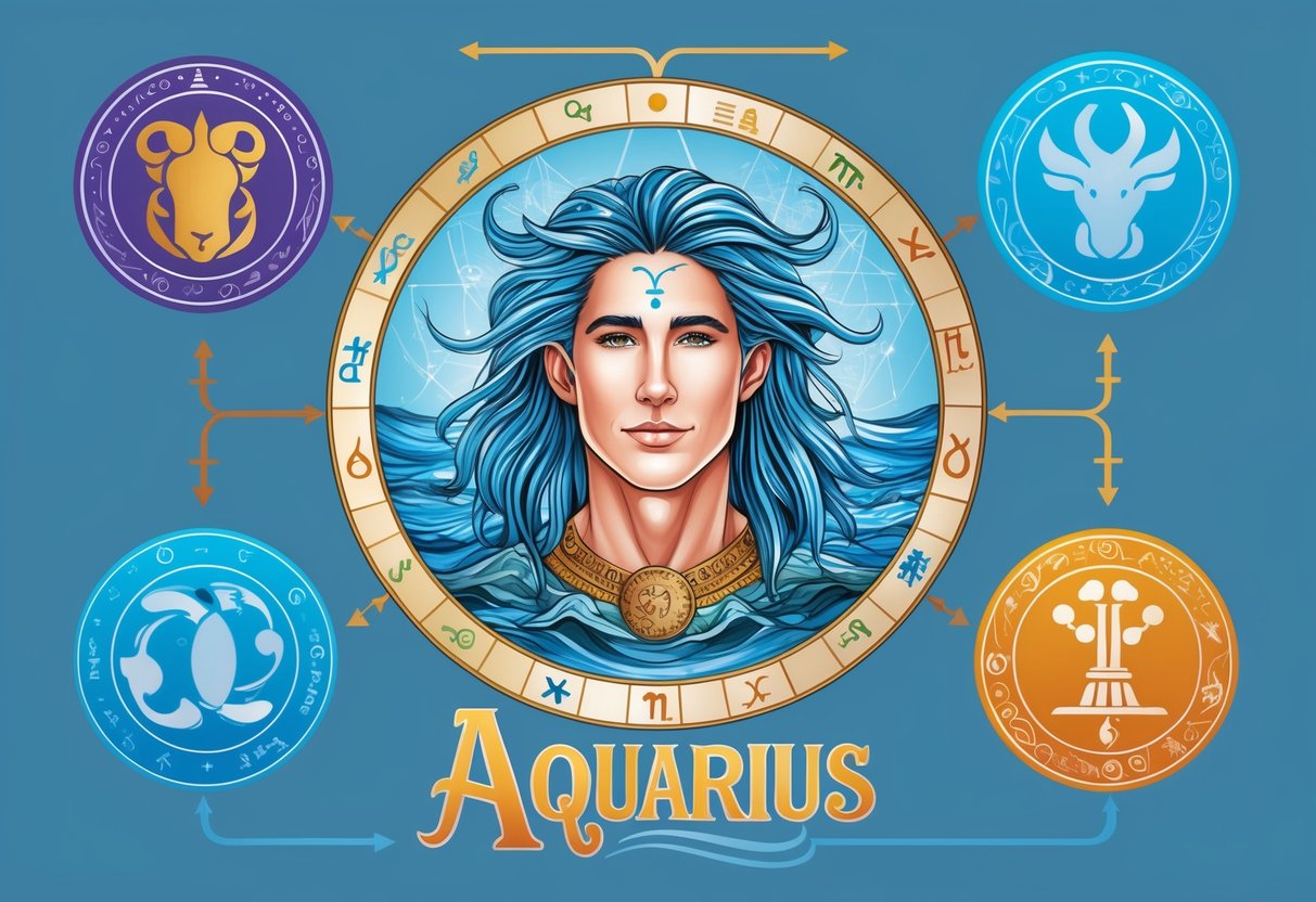 An Aquarius surrounded by symbols of air, water, and communication, connecting with other zodiac signs