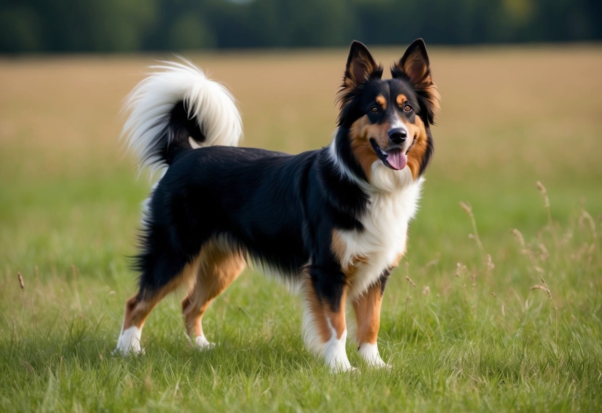 A Drentsche Patrijshond dog standing alert in a grassy field, with ears perked and tail raised